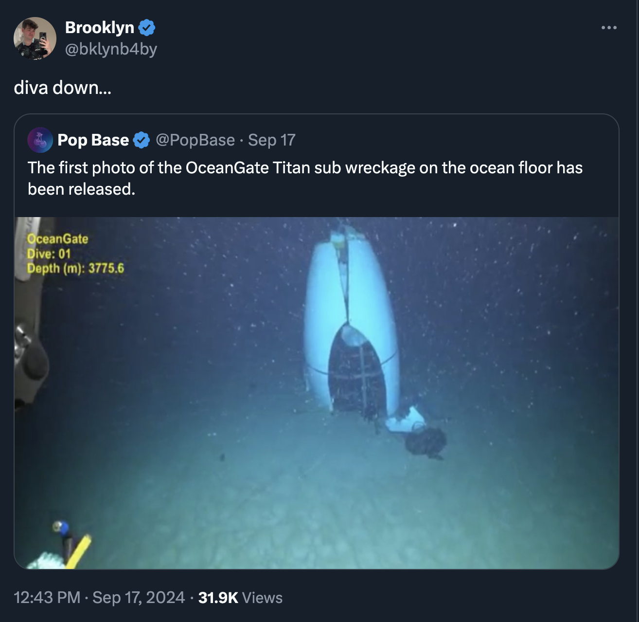 screenshot - Brooklyn diva down... Pop Base Sep 17 The first photo of the OceanGate Titan sub wreckage on the ocean floor has been released. OceanGate Dive 01 Depth m 3775.6 Views